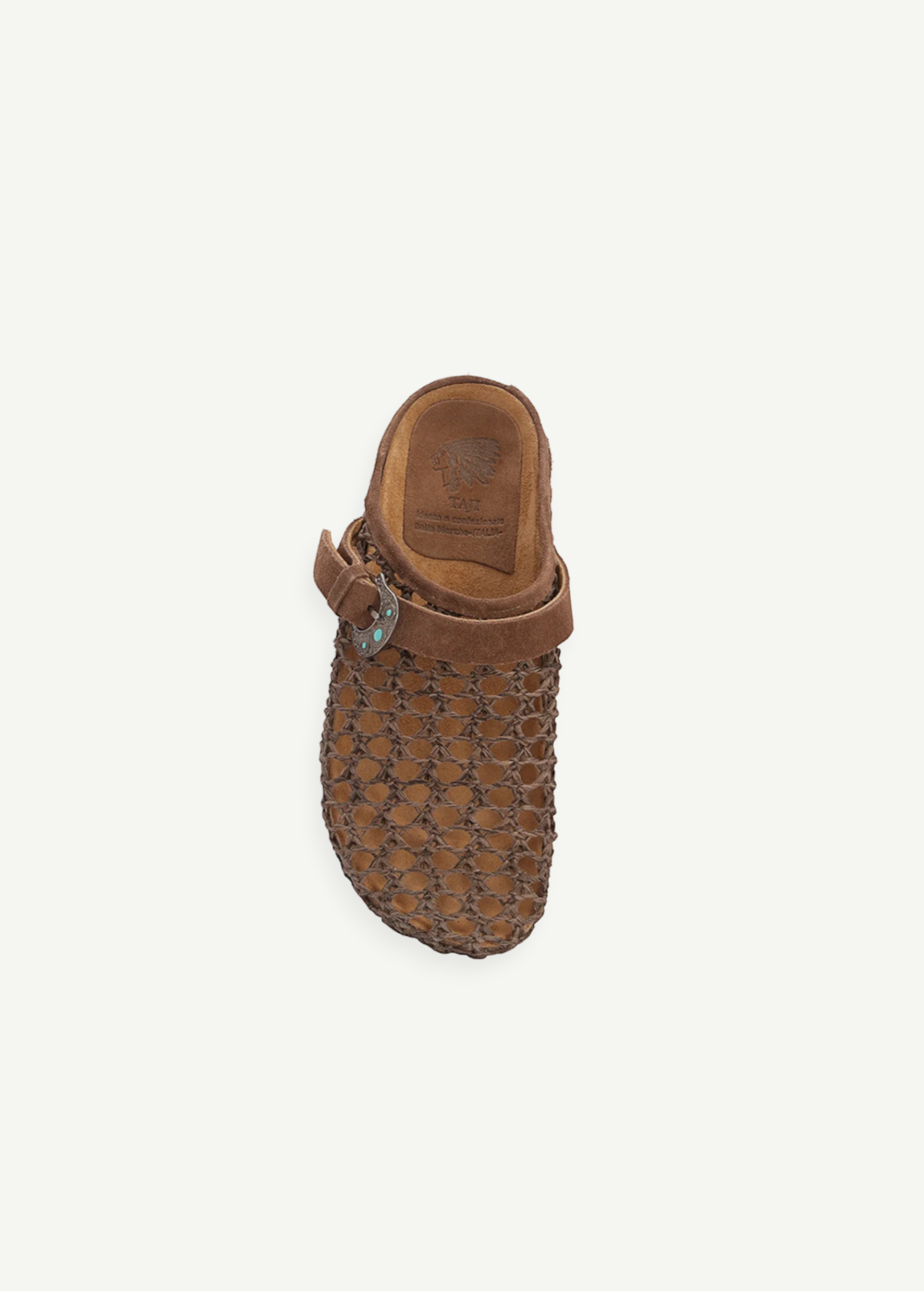 KABE SHOP INC Thais Mat Intreccio sabots in rustic green with woven design, suede strap, and decorative buckle.