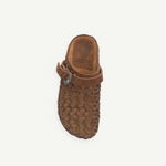 KABE SHOP INC Thais Mat Intreccio sabots in rustic green with woven design, suede strap, and decorative buckle.