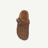 KABE SHOP INC Thais Mat Intreccio sabots in rustic green with woven design, suede strap, and decorative buckle.