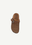 KABE SHOP INC Thais Mat Intreccio sabots in rustic green with woven design, suede strap, and decorative buckle.