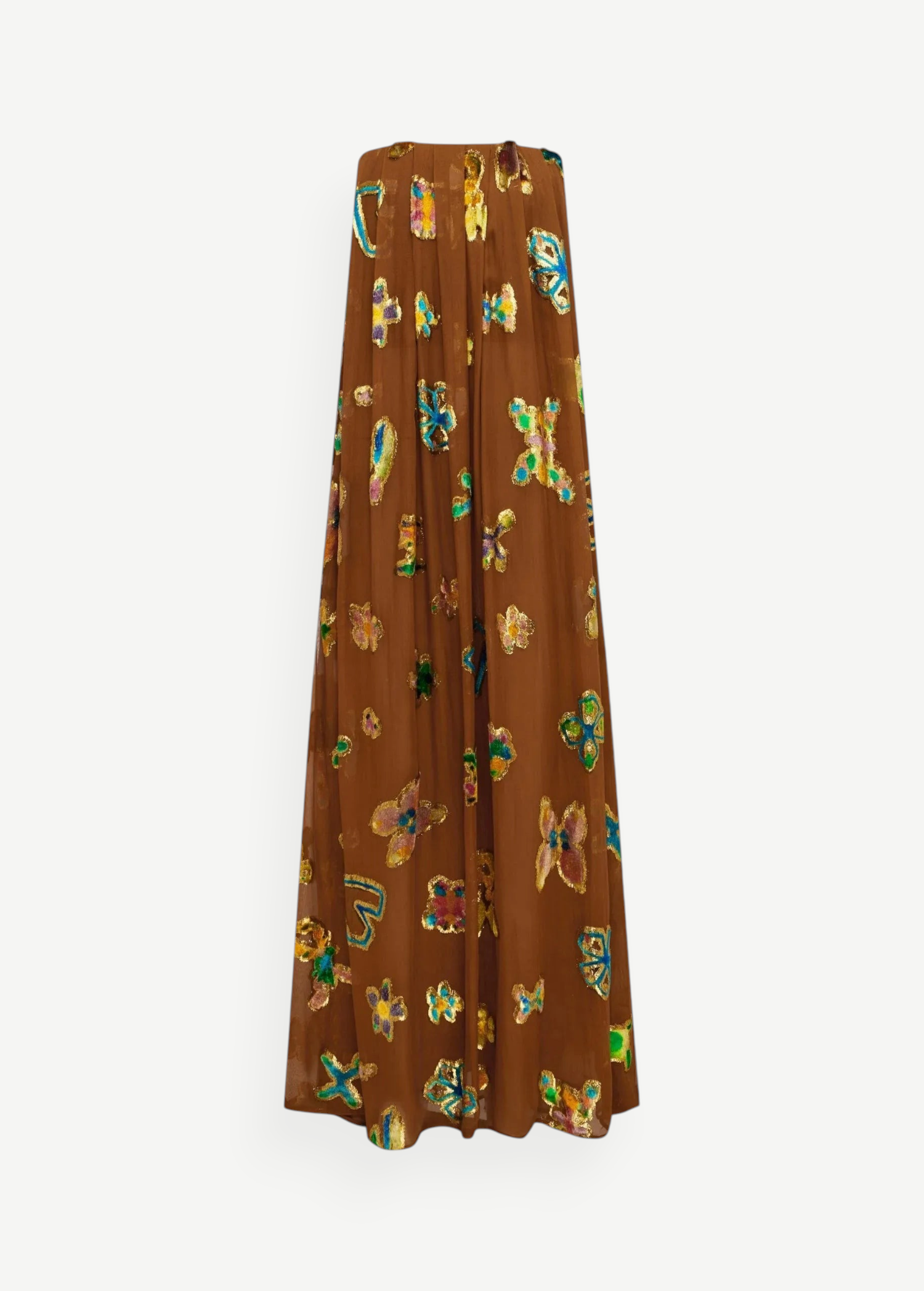 KABE SHOP INC strapless midi gown in brown with vibrant metallic butterfly-shaped sequin embellishments