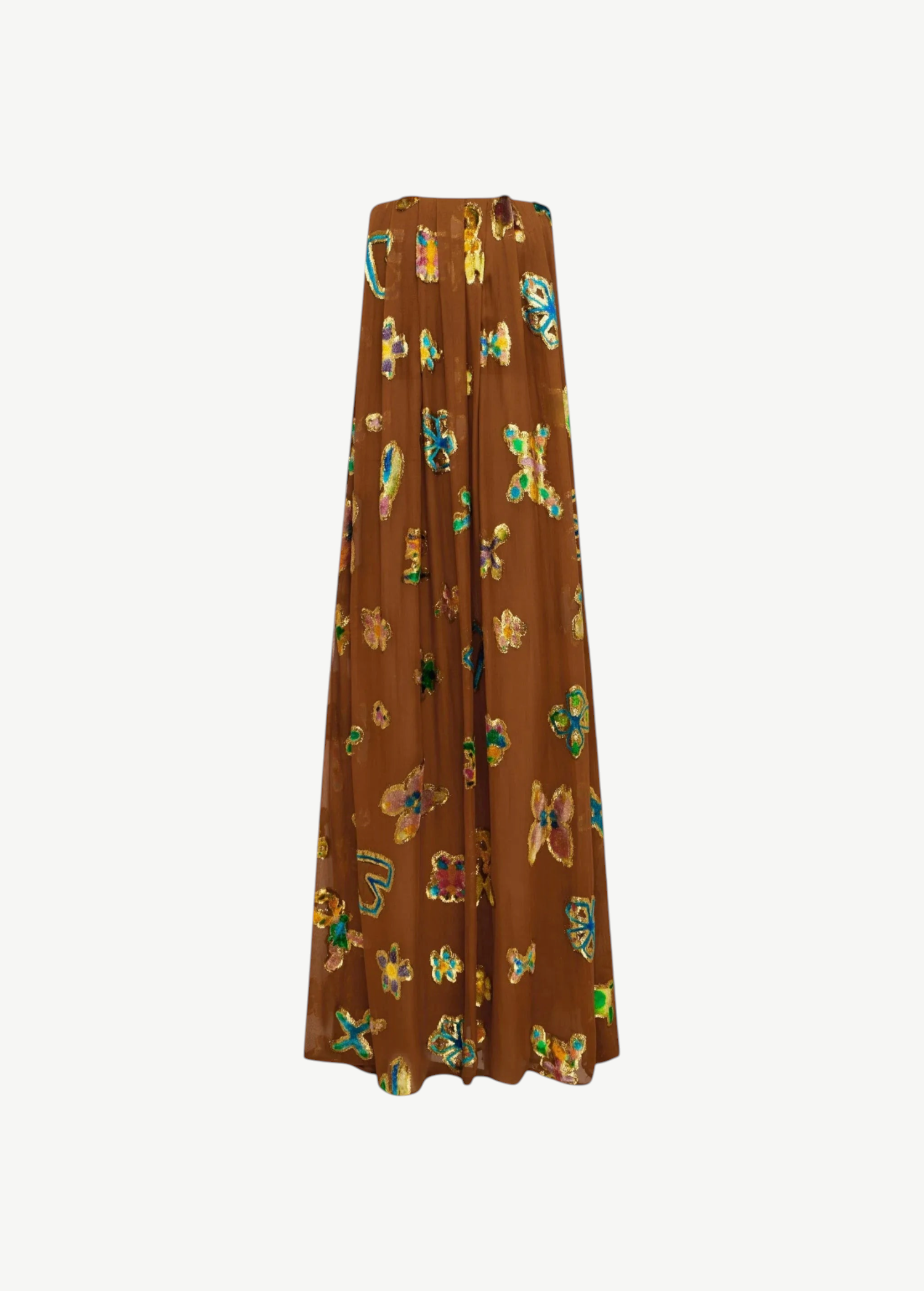 KABE SHOP INC strapless midi gown in brown with vibrant metallic butterfly-shaped sequin embellishments