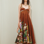 KABE SHOP INC Alfie Twist midi sundress in brown with floral print, featuring a fitted bodice and flared skirt.