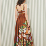 KABE SHOP INC Alfie Twist brown midi sundress with floral print, square neckline, and smocked back detail.