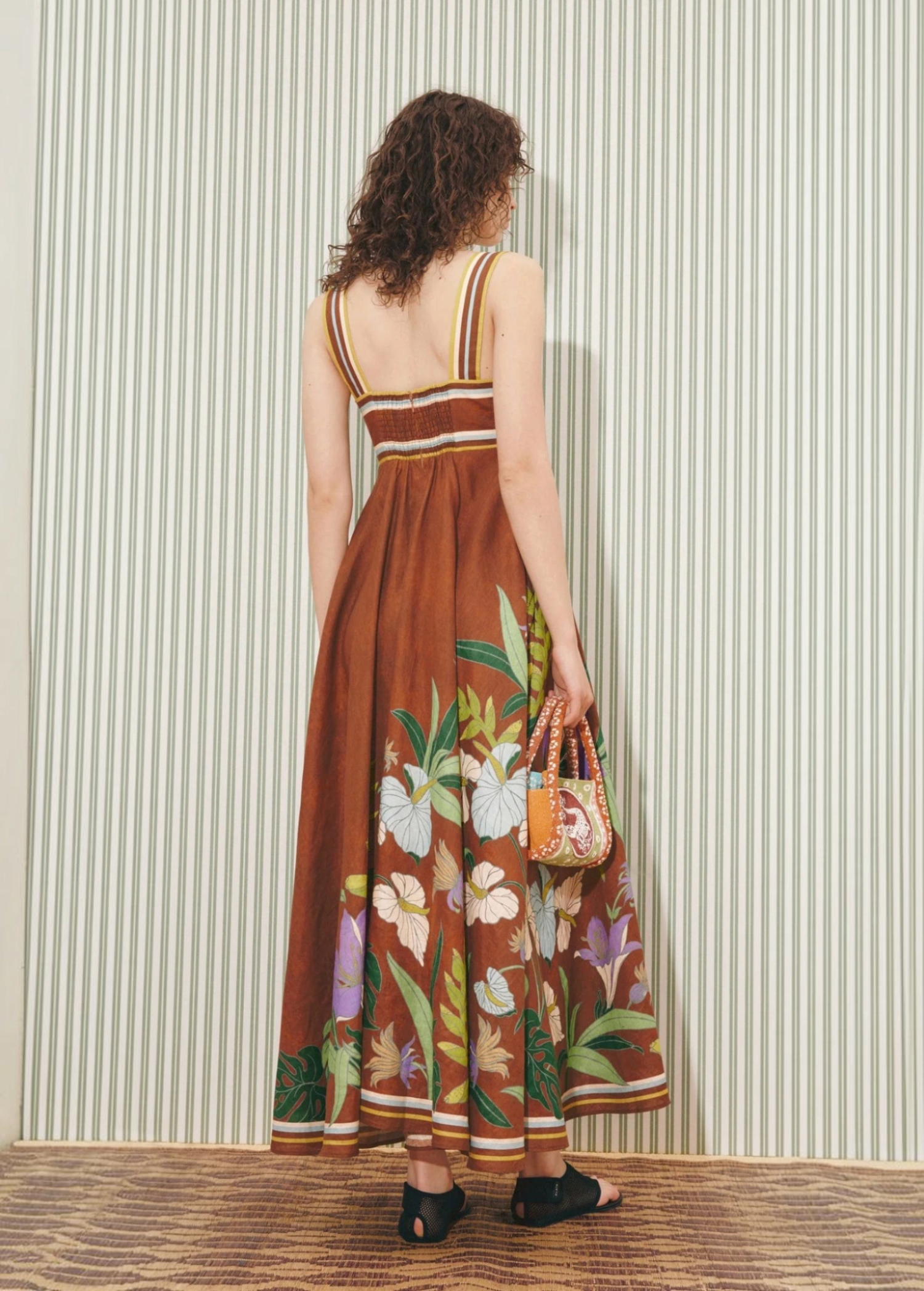 KABE SHOP INC Alfie Twist brown midi sundress with floral print, square neckline, and smocked back detail.