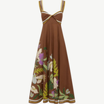 KABE SHOP INC Alfie Twist brown midi sundress with floral print, sweetheart neckline, and striped shoulder straps.