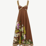 KABE SHOP INC Alfie Twist brown midi sundress with floral print, sweetheart neckline, and striped shoulder straps.