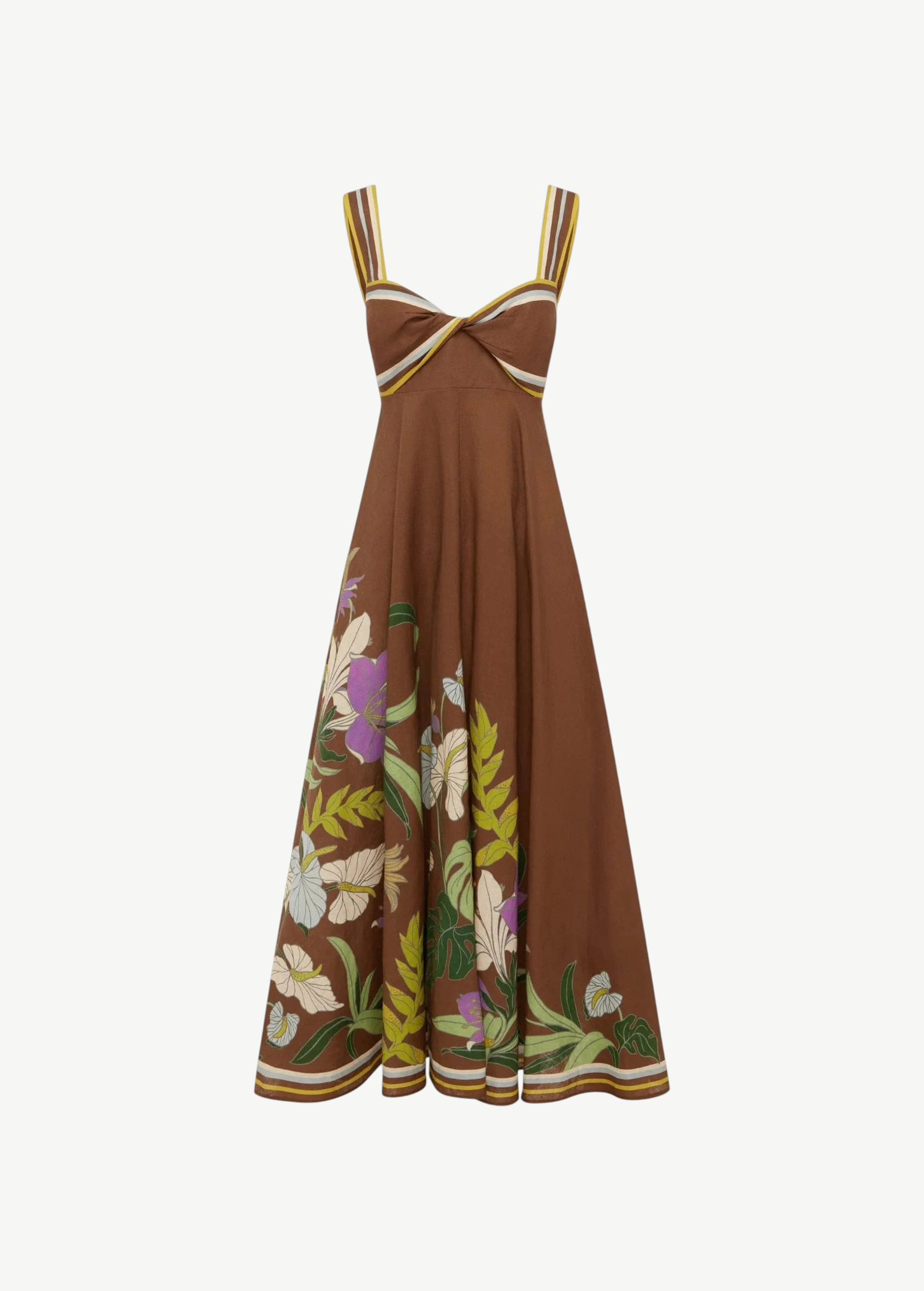 KABE SHOP INC Alfie Twist brown midi sundress with floral print, sweetheart neckline, and striped shoulder straps.