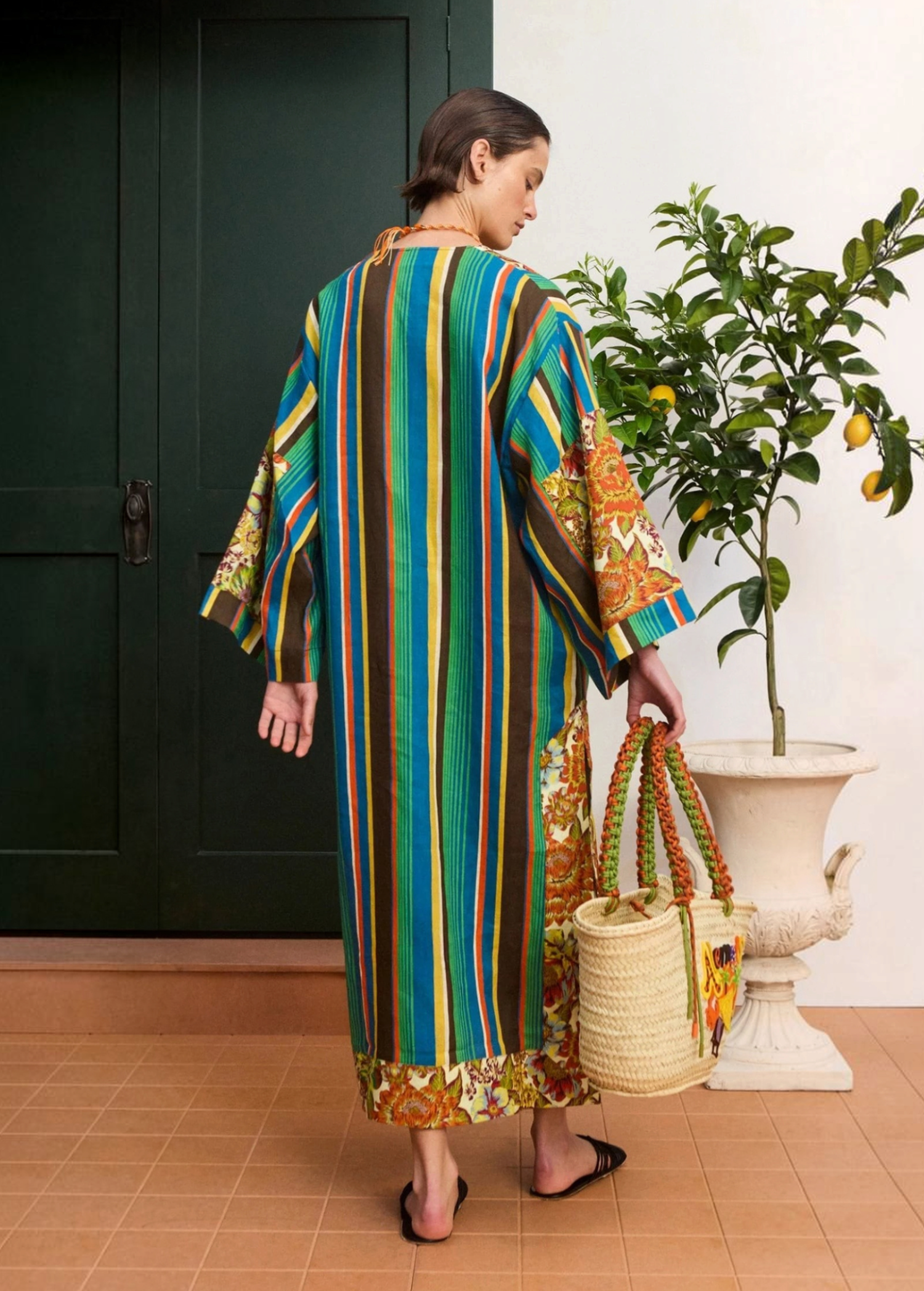 KABE SHOP INC Charlie midi dress in multi-coloured striped linen with floral sleeves and side splits, back view