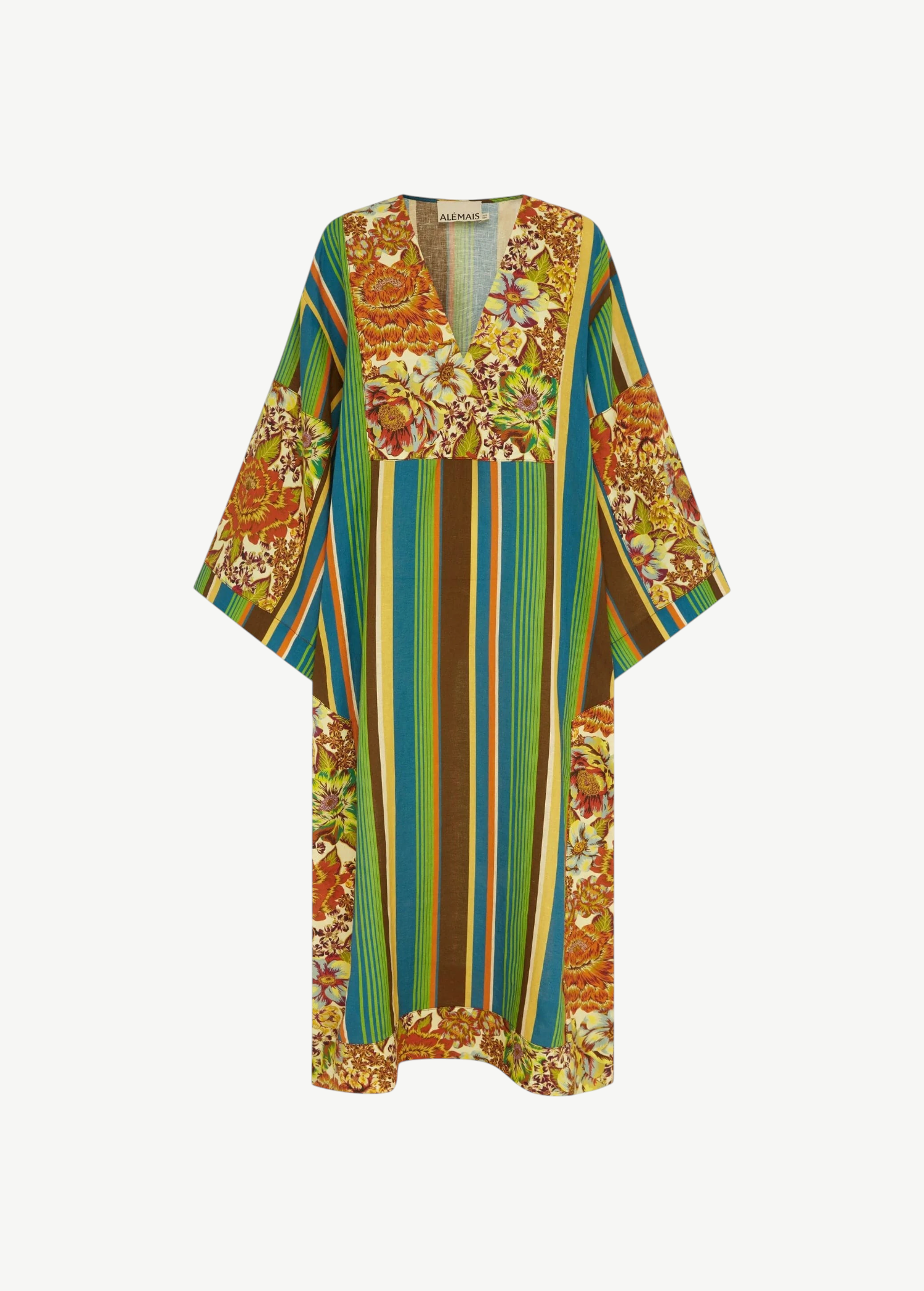 KABE SHOP INC Charlie midi dress in lightweight linen with a vibrant floral and striped pattern and deep V-neck.