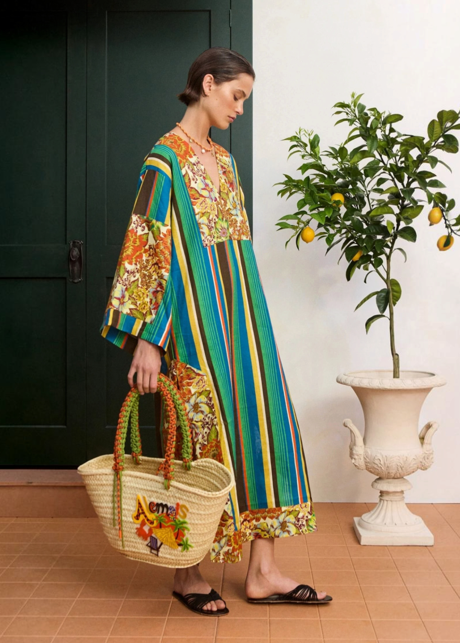 KABE SHOP INC Charlie midi dress in lightweight linen with a vibrant multi-colored floral and stripe print