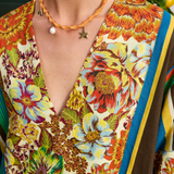 KABE SHOP INC Charlie midi dress in floral linen with a deep V-neck and vibrant multi-coloured botanical print