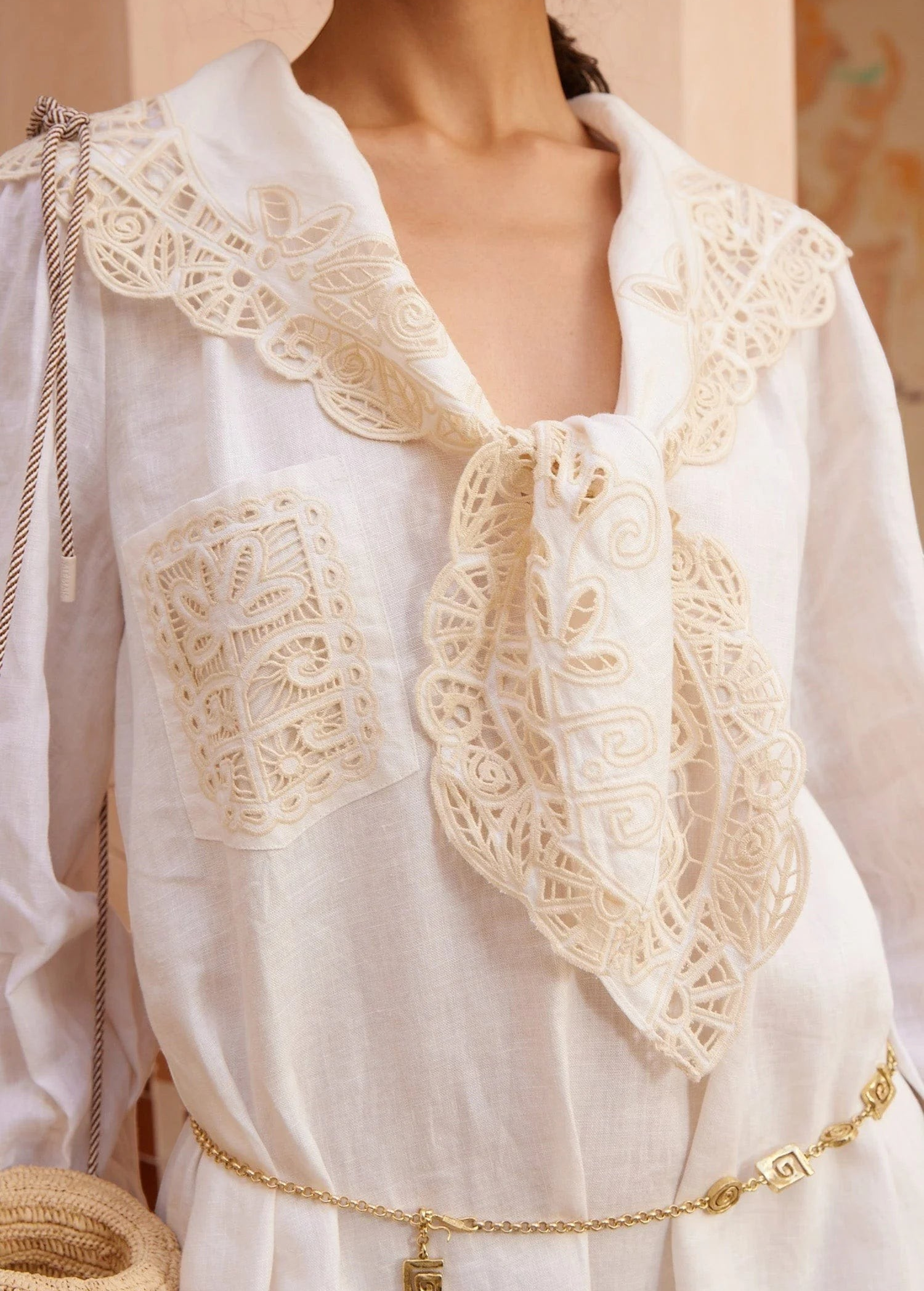 KABE SHOP INC Rosemary midi dress in white linen with intricate beige lace collar and pocket embroidery details
