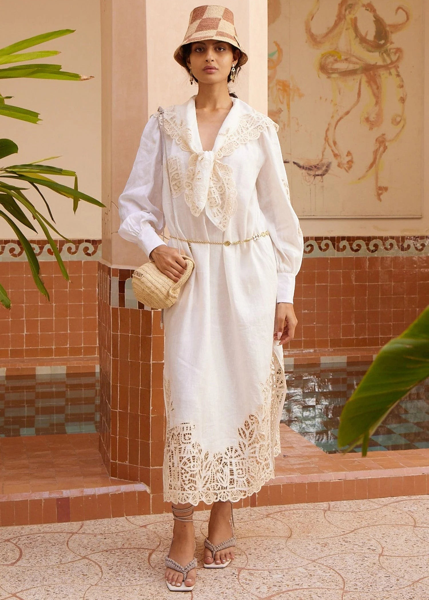 KABE SHOP INC Rosemary midi dress in white linen with intricate lace hem and oversized collar worn by a model