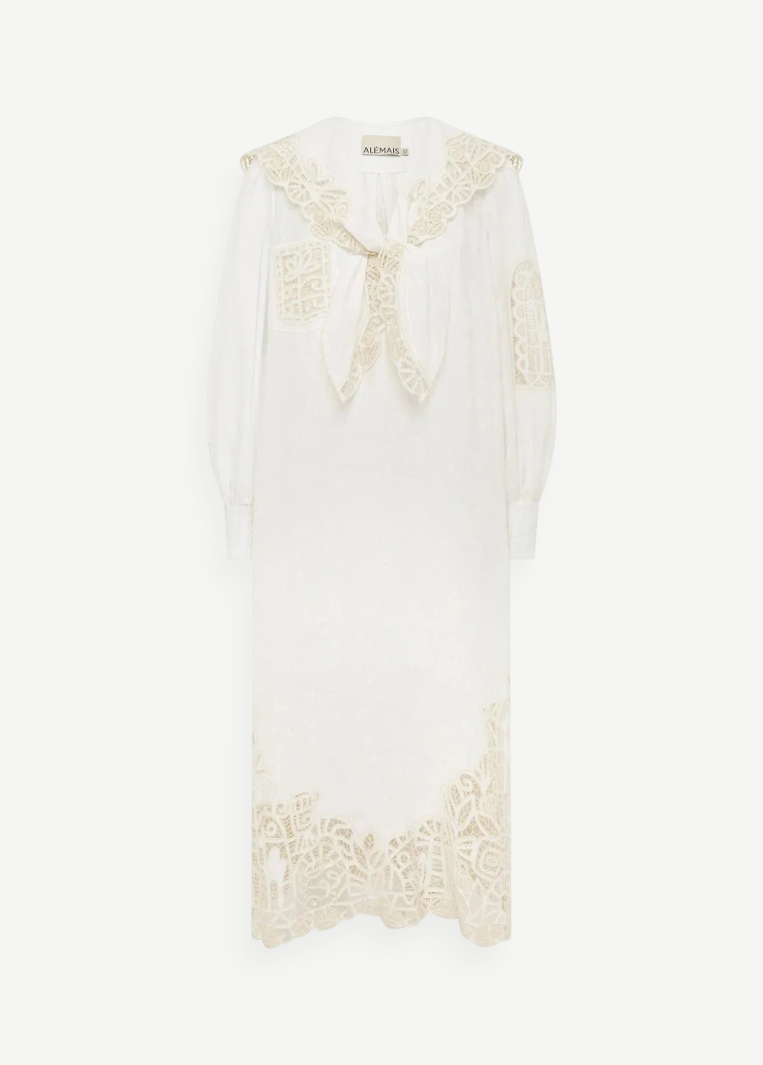 KABE SHOP INC Rosemary midi dress in white with intricate lace collar, balloon sleeves, and artisanal lace hem detail.