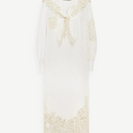 KABE SHOP INC Rosemary midi dress in white with intricate lace collar, balloon sleeves, and artisanal lace hem detail.
