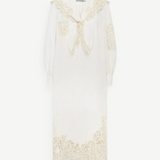 KABE SHOP INC Rosemary midi dress in white with intricate lace collar, balloon sleeves, and artisanal lace hem detail.