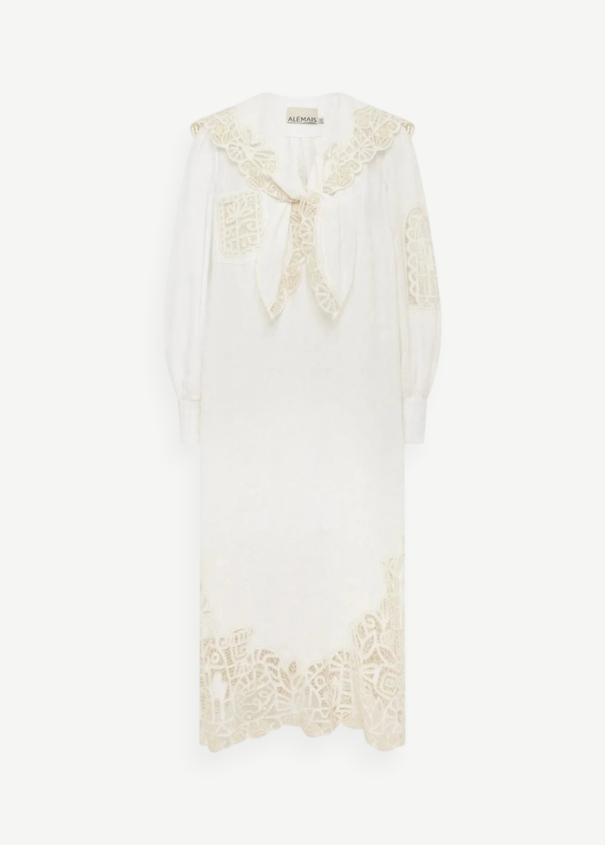 KABE SHOP INC Rosemary midi dress in white with intricate lace collar, balloon sleeves, and artisanal lace hem detail.