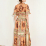 KABE SHOP INC Alberta midi shirtdress in orange and brown with a vintage-inspired tropical print and cinched waist