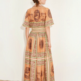 KABE SHOP INC Alberta midi shirtdress in orange and brown with a vintage-inspired tropical print and cinched waist