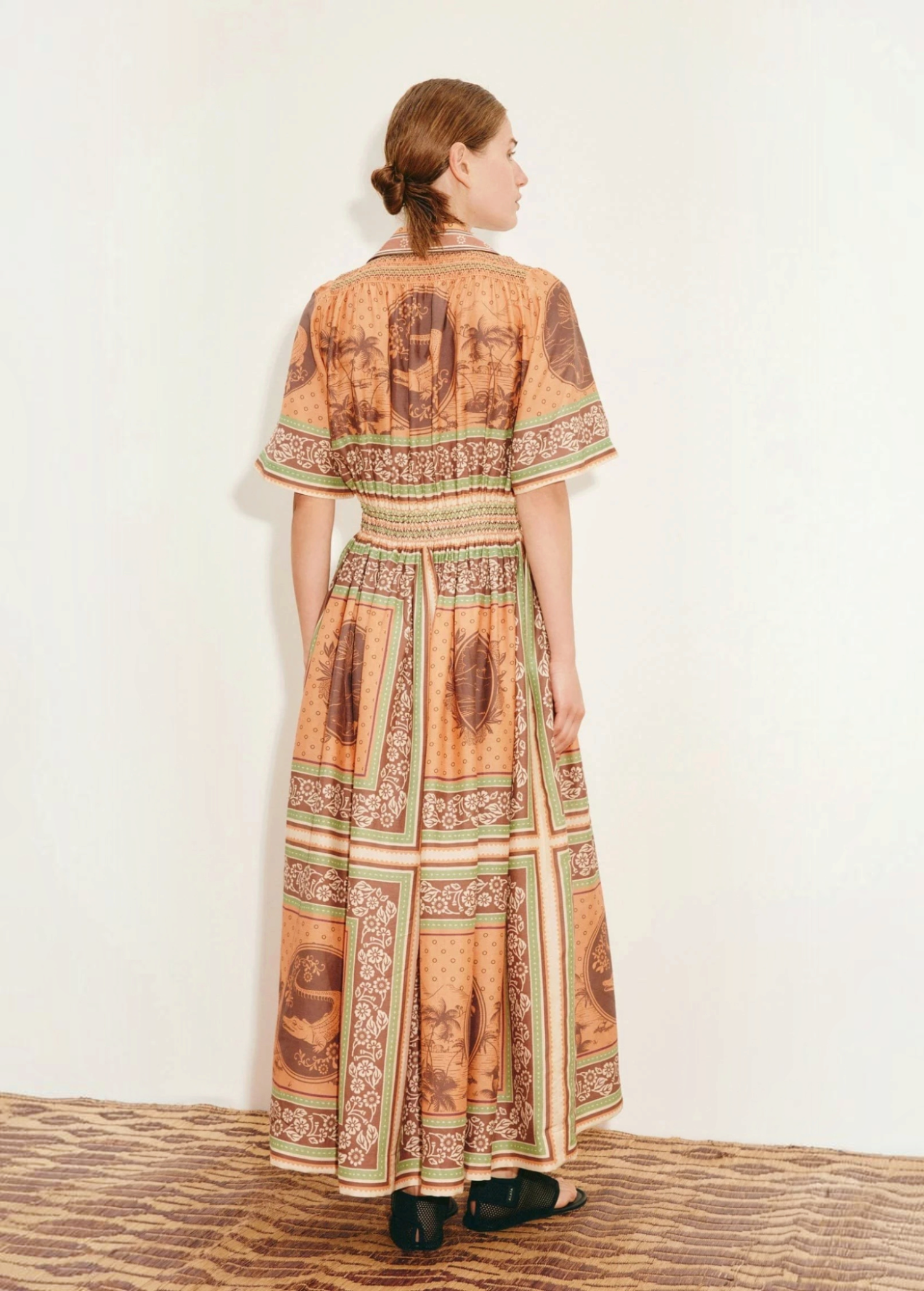 KABE SHOP INC Alberta midi shirtdress in orange and brown with a vintage-inspired tropical print and cinched waist
