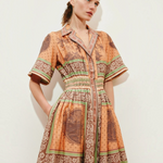 KABE SHOP INC Alberta midi shirtdress in peach with a vintage-inspired tropical print and cinched waist detail.