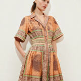 KABE SHOP INC Alberta midi shirtdress in peach with a vintage-inspired tropical print and cinched waist detail.