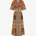 KABE SHOP INC Alberta midi shirtdress in orange with a tropical print, collared neckline, and cinched waist.