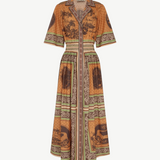 KABE SHOP INC Alberta midi shirtdress in orange with a tropical print, collared neckline, and cinched waist.