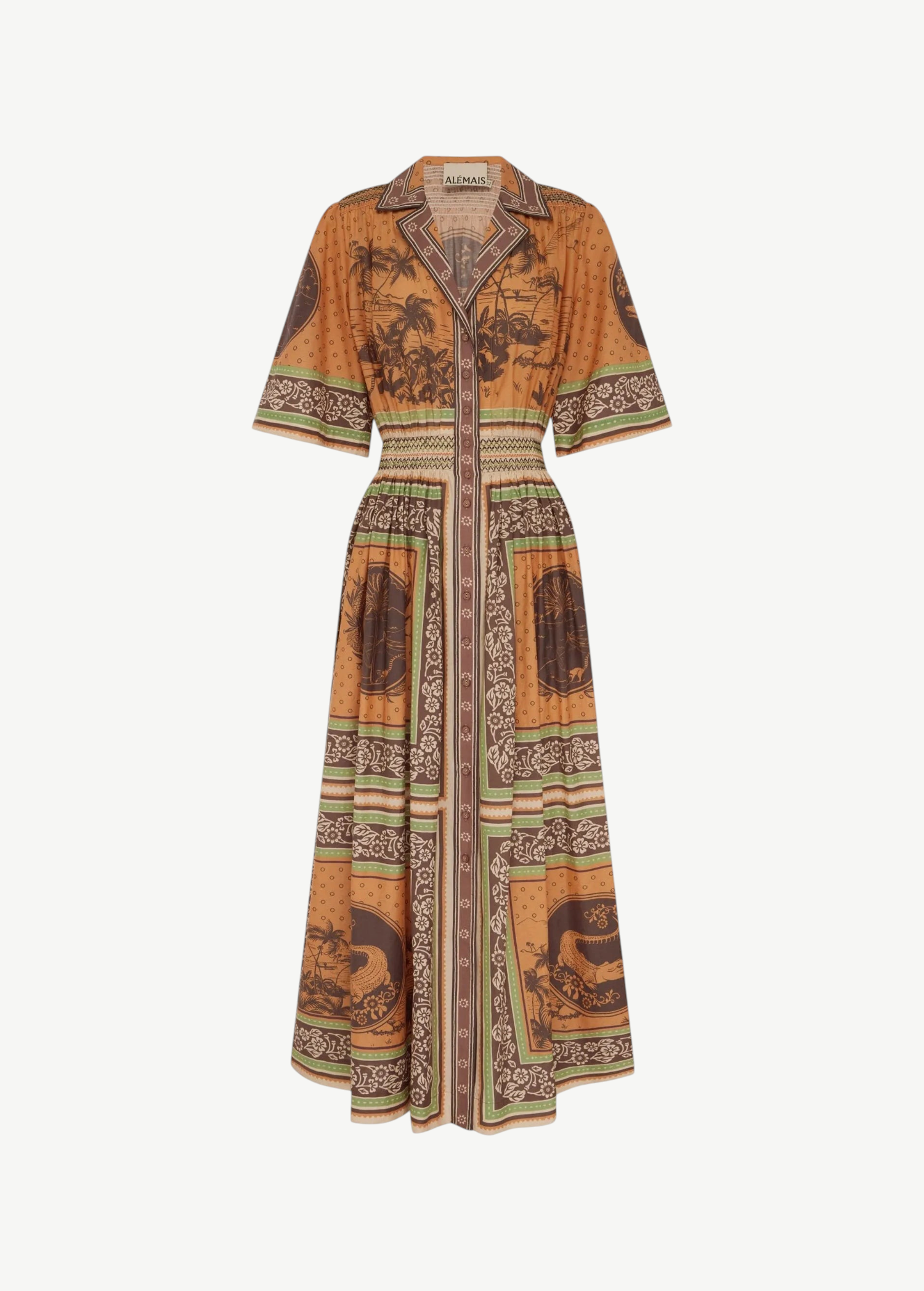 KABE SHOP INC Alberta midi shirtdress in orange with a tropical print, collared neckline, and cinched waist.