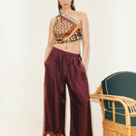 KABE SHOP INC Wilson relaxed jogger pants in deep burgundy with patterned hem detail worn with a matching scarf top