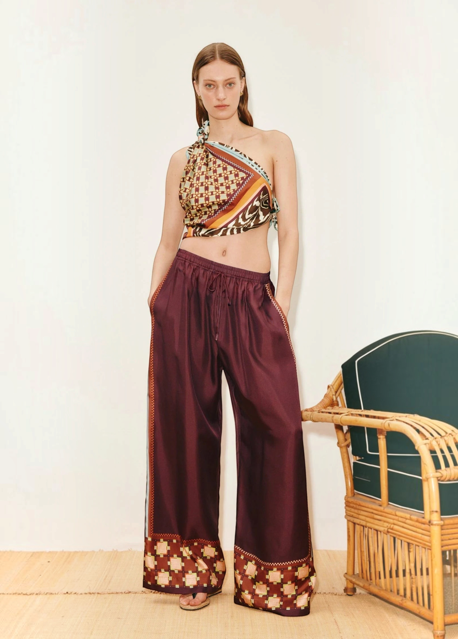 KABE SHOP INC Wilson relaxed jogger pants in deep burgundy with patterned hem detail worn with a matching scarf top