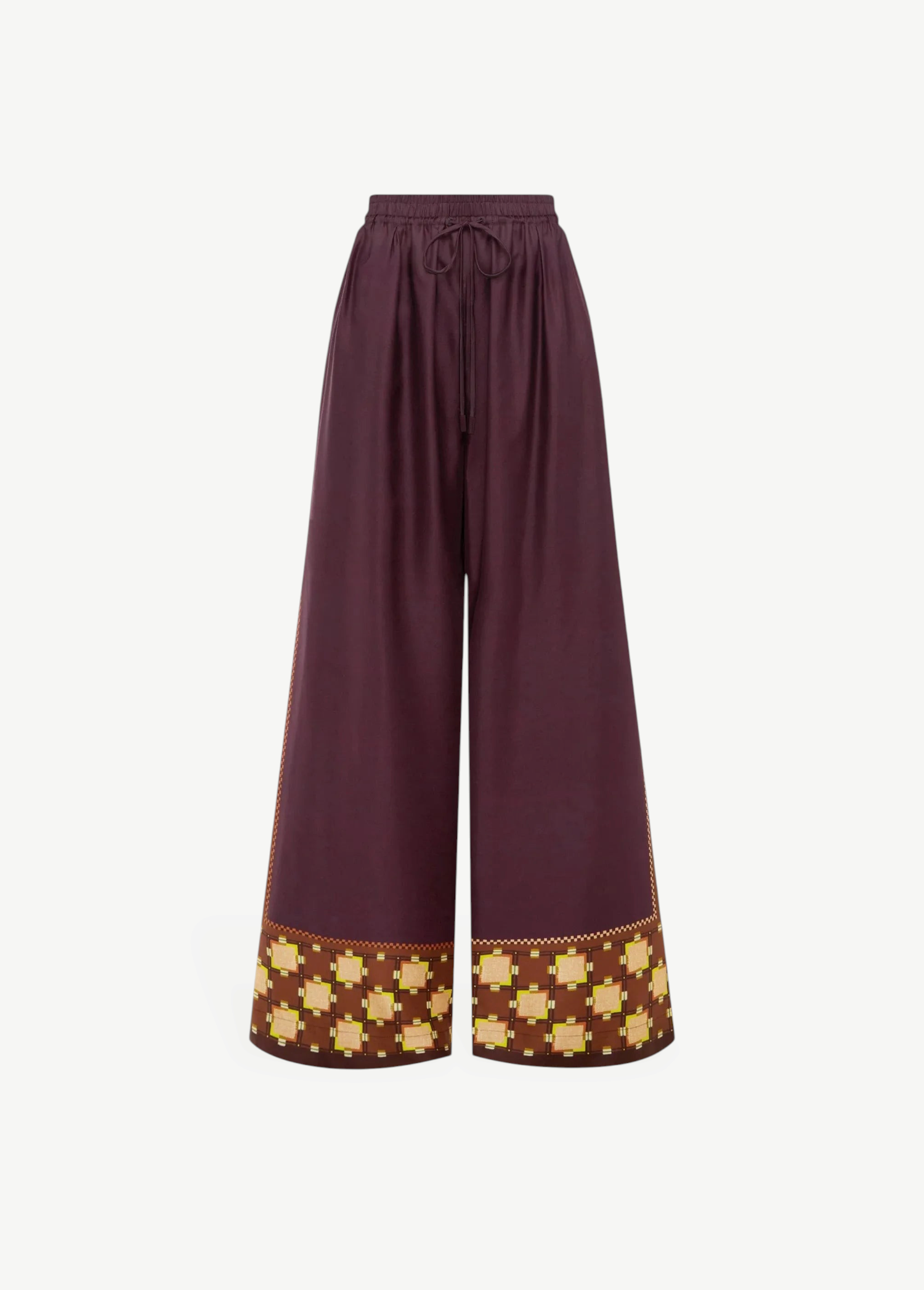 KABE SHOP INC Wilson relaxed jogger pants in deep plum with a geometric patterned hem and elastic drawstring waist.