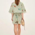 KABE SHOP INC Bisou relaxed jogger shorts in green and white stripe with tropical animal print, back view