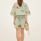 KABE SHOP INC Bisou relaxed jogger shorts in green and white stripe with tropical animal print, back view
