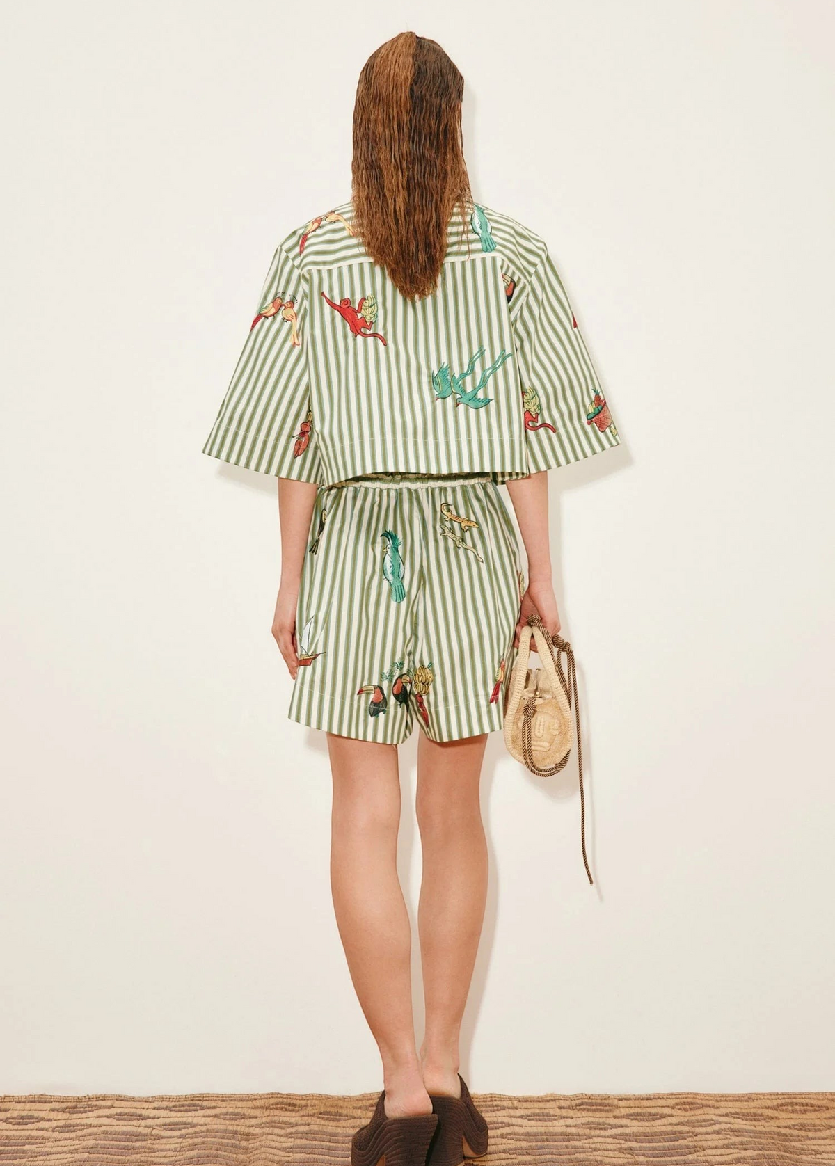 KABE SHOP INC Bisou relaxed jogger shorts in green and white stripe with tropical animal print, back view