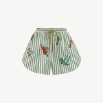 KABE SHOP INC Bisou relaxed jogger shorts in green and white stripes with colorful embroidered animal motifs