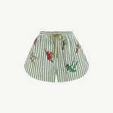 KABE SHOP INC Bisou relaxed jogger shorts in green and white stripes with colorful embroidered animal motifs