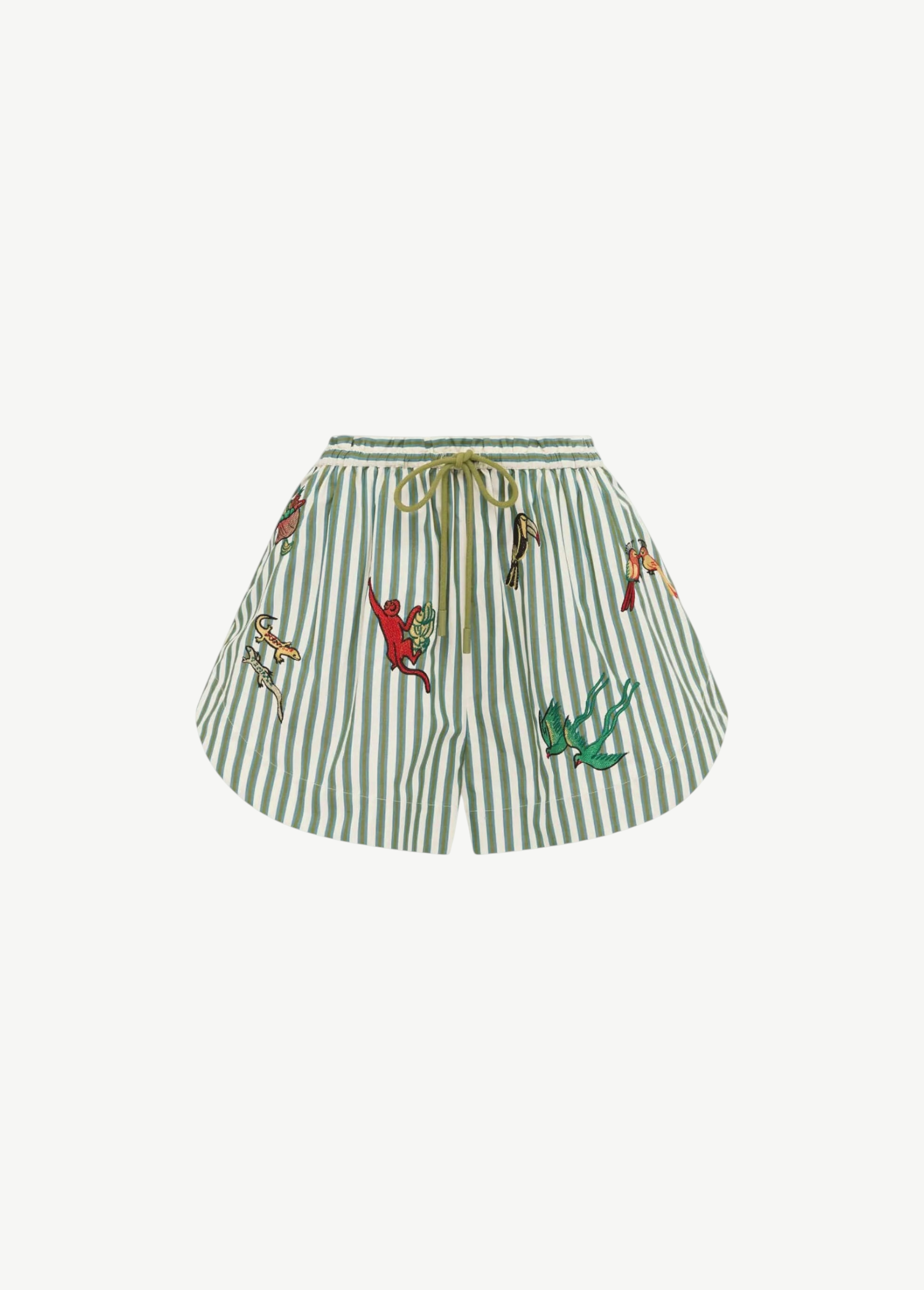 KABE SHOP INC Bisou relaxed jogger shorts in green and white stripes with colorful embroidered animal motifs