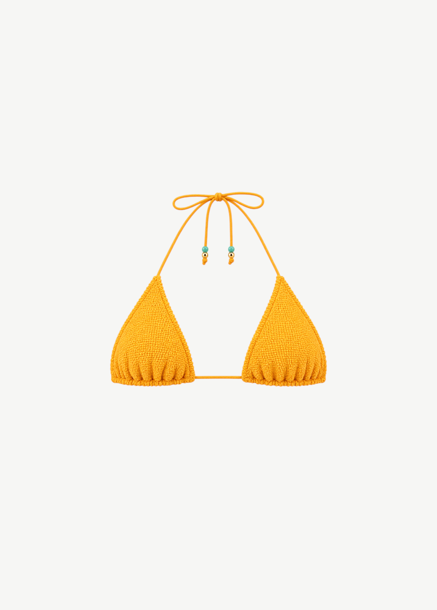 KABE SHOP INC Sofie Tri bikini top in bright yellow textured fabric with adjustable neck ties and beaded accents.