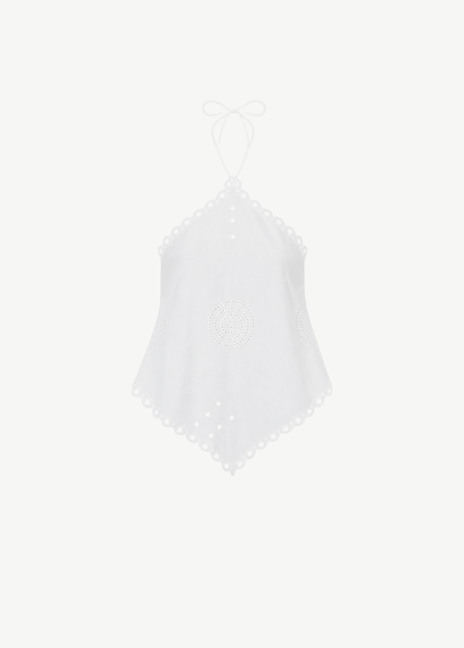 Cleo Top is a white sleeveless halter top featuring an open back, scalloped eyelet edge, and spiral eyelet embroidery.
