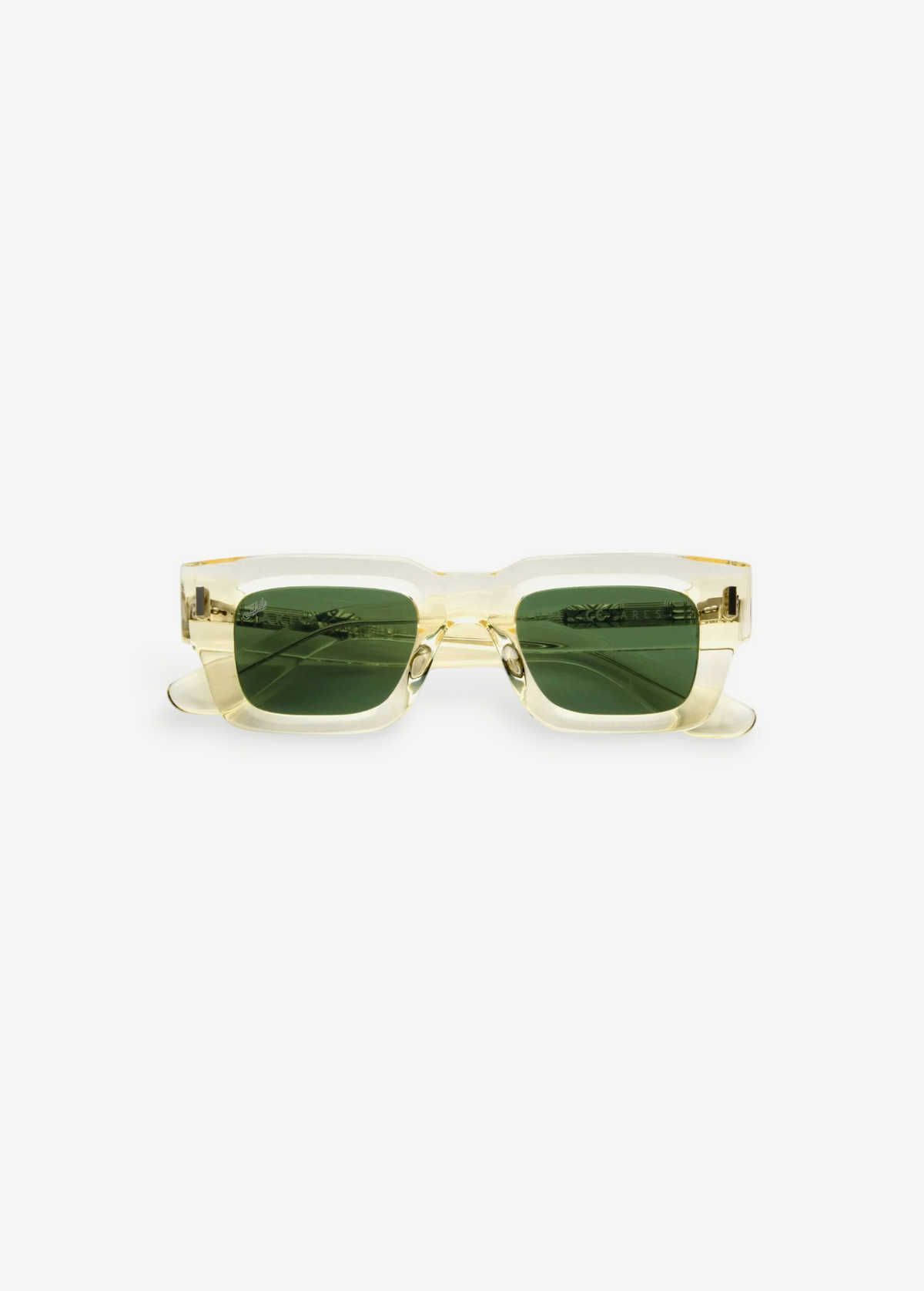 KABE SHOP INC Ares sunglasses featuring a thick translucent champagne frame and dark green lenses with Art Deco detail