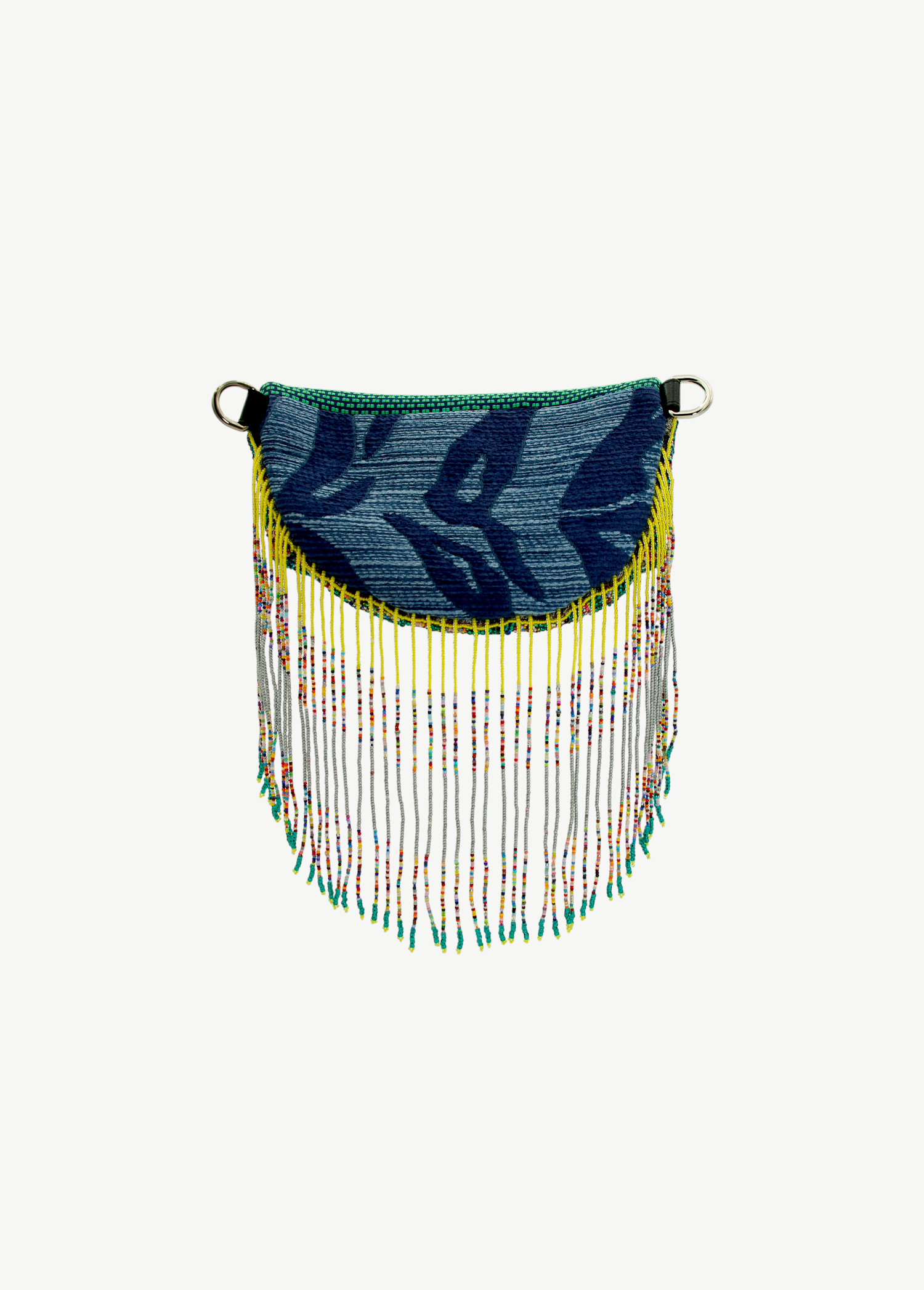 KABE SHOP INC Verdi bag featuring blue patterned fabric with long, colourful beaded fringe and yellow accents.