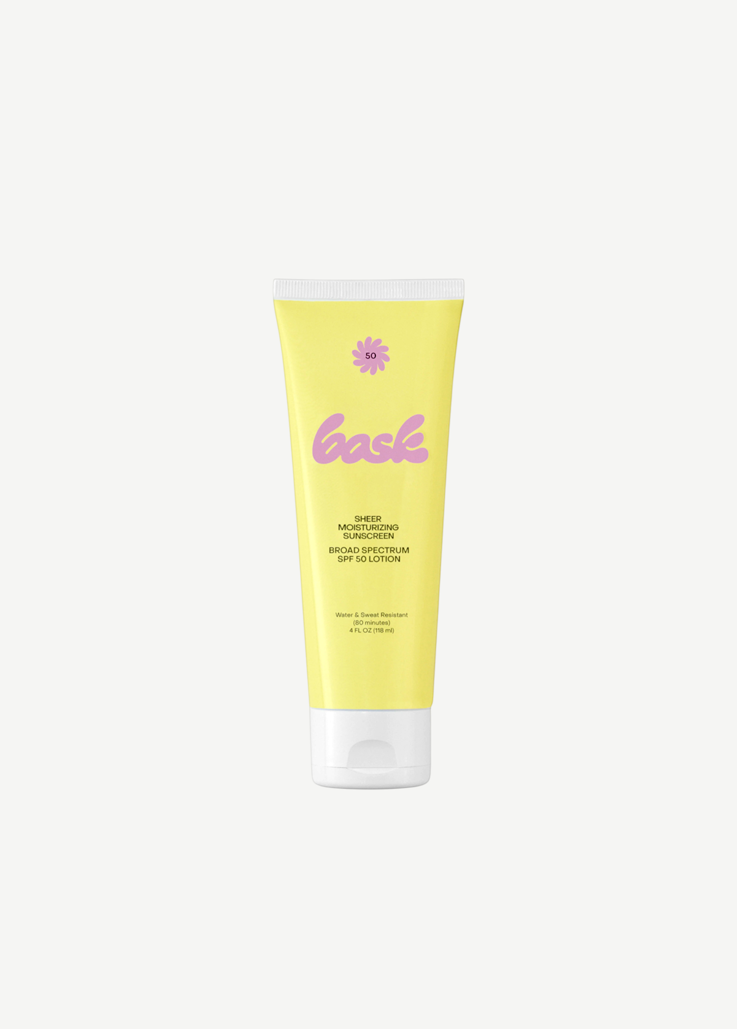 KABE SHOP INC Bask SPF 50 sheer moisturizing sunscreen lotion in a yellow squeeze tube with white cap