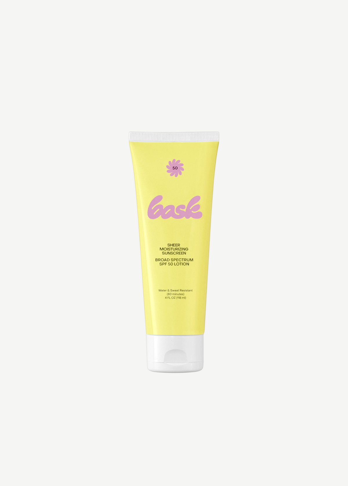 KABE SHOP INC Bask SPF 50 sheer moisturizing sunscreen lotion in a yellow squeeze tube with white cap
