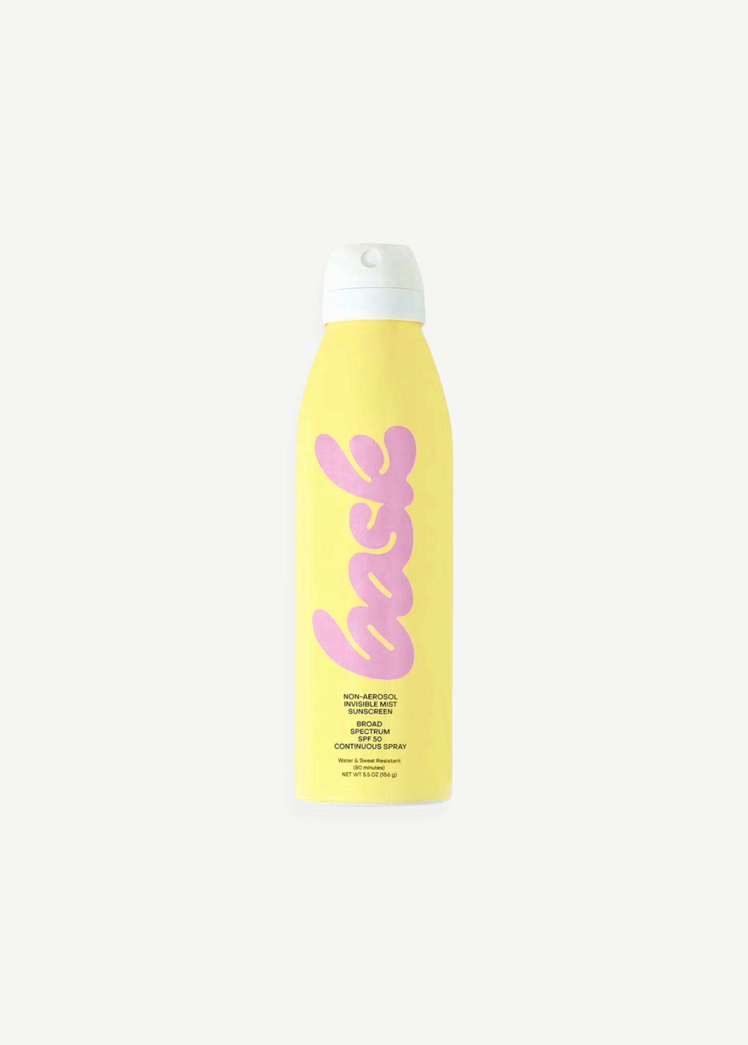 KABE SHOP INC SPF 50 invisible mist sunscreen spray in a yellow bottle with pink branding for easy sun protection.