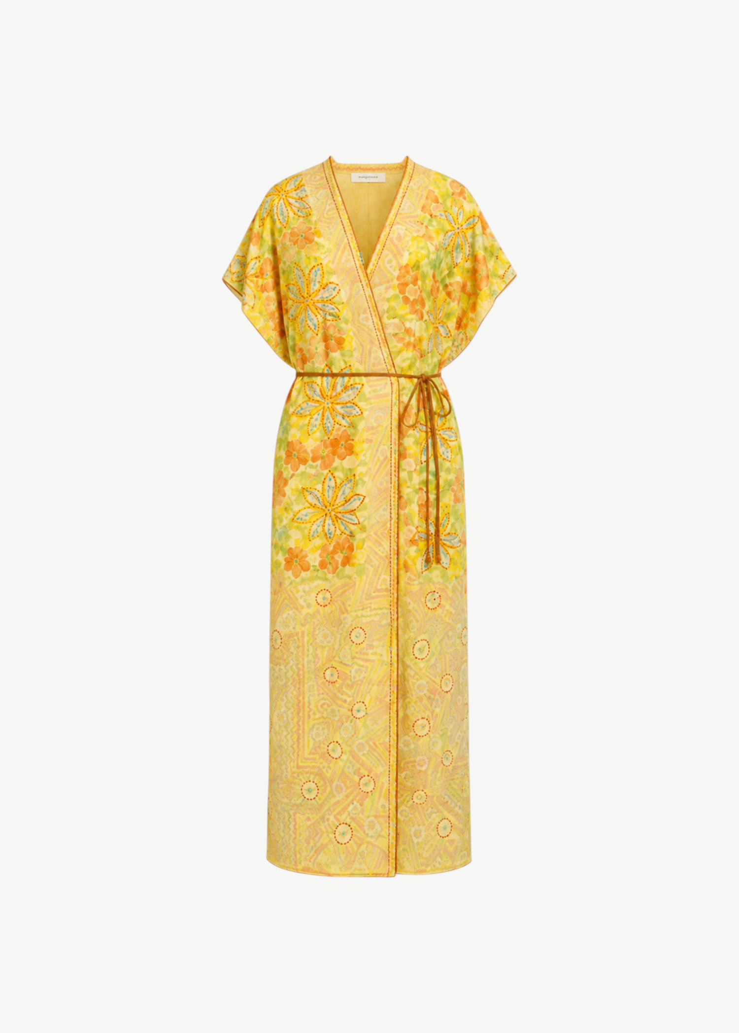 KABE SHOP INC long wrap dress in yellow with bohemian floral print, featuring short sleeves and a thin waist tie.