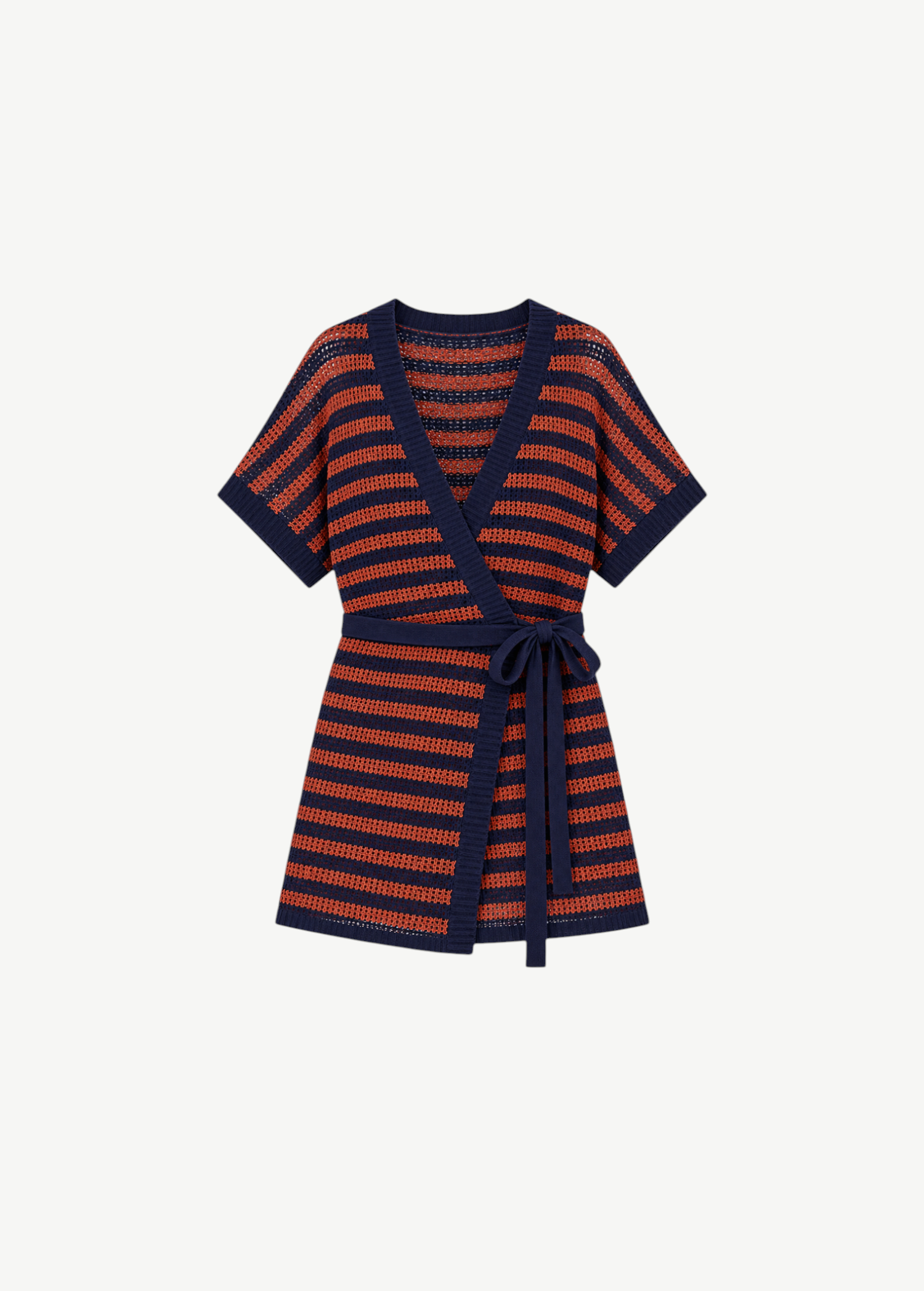 KABE SHOP INC Nova knit robe featuring navy and orange horizontal stripes with a wrap-around tie waist.