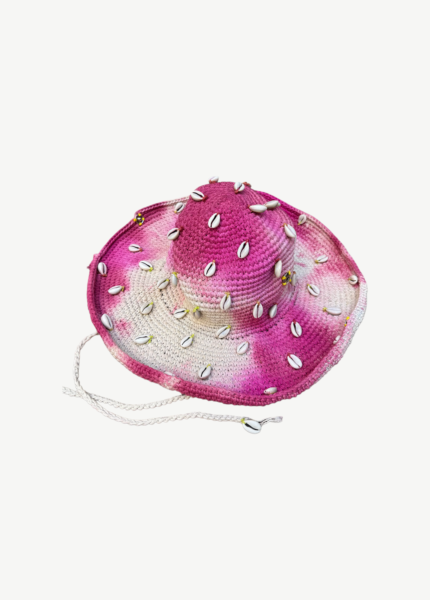 KABE SHOP INC Wika crochet hat in pink tie-dye with white cowrie shell embellishments and a chin strap