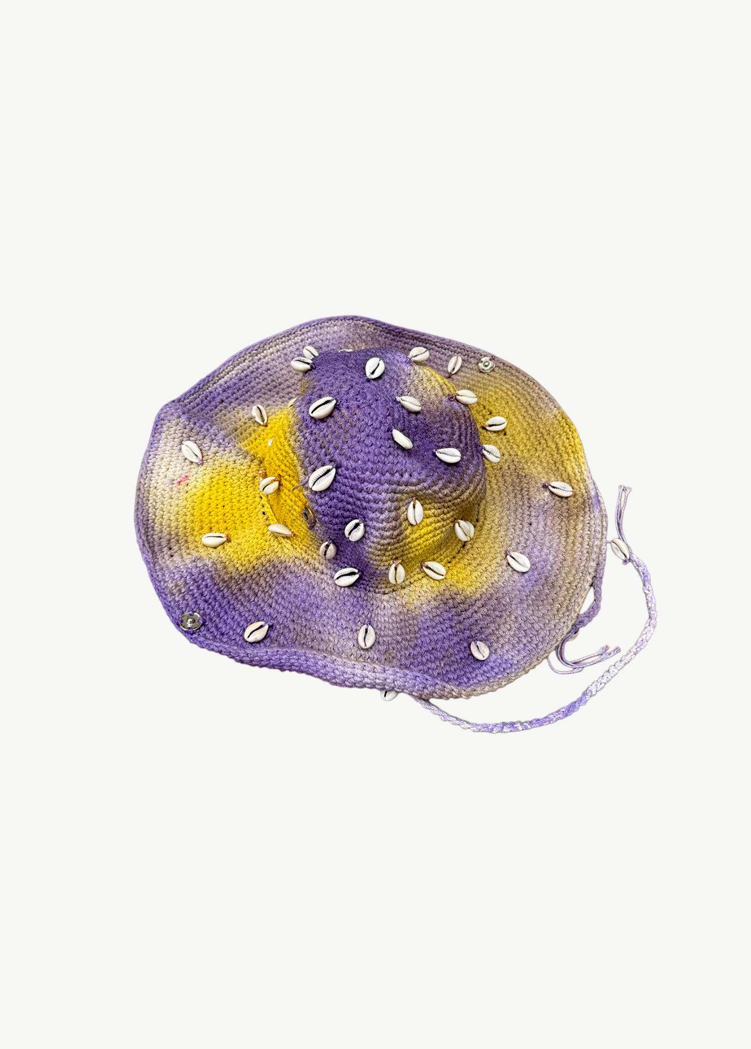 KABE SHOP INC Wika crochet hat in purple and yellow tie-dye featuring decorative white seashells and a chin strap.